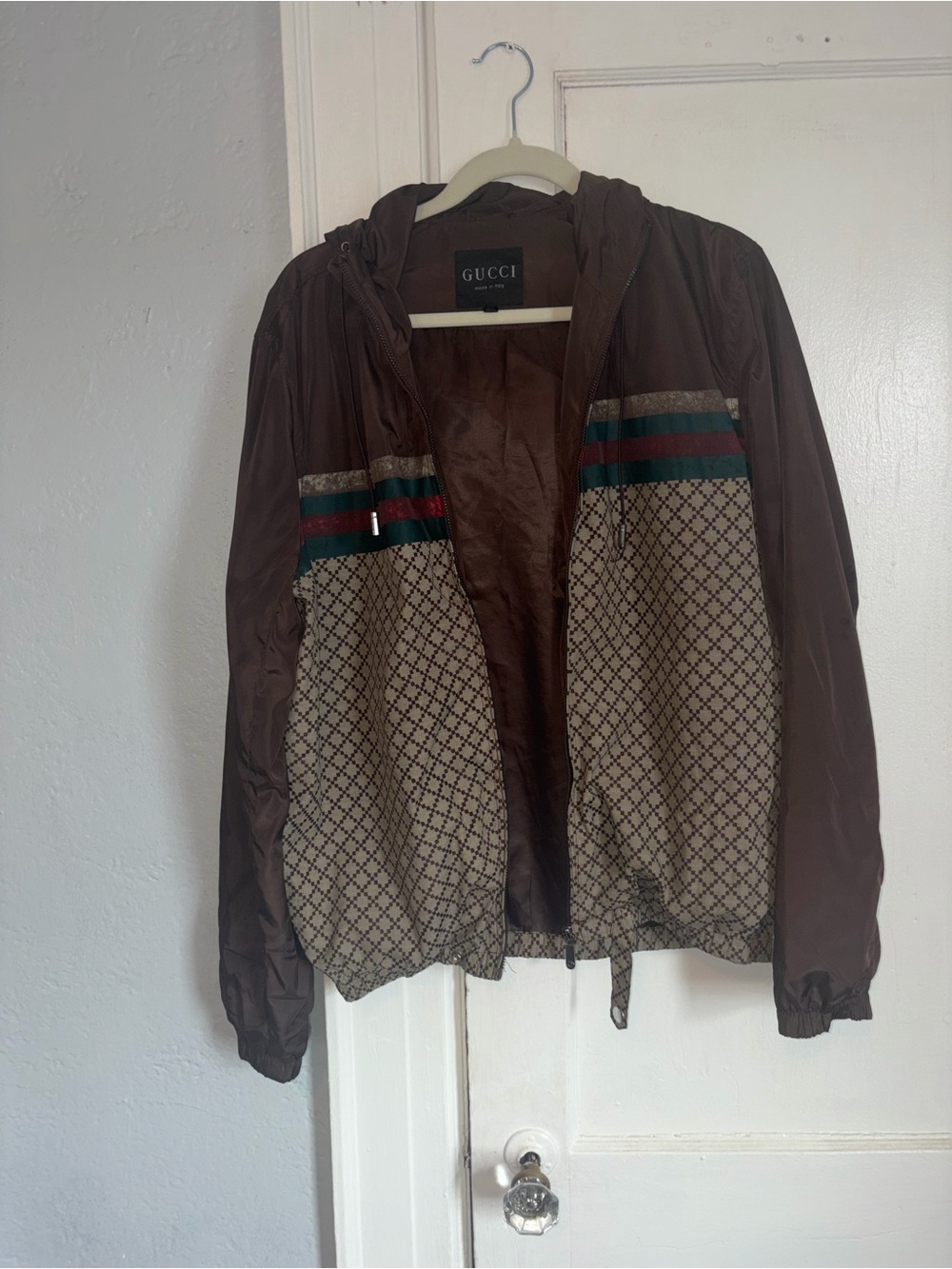 Gucci GG Monogram Web Stripe Hooded Windbreaker Jacket Brown XXL